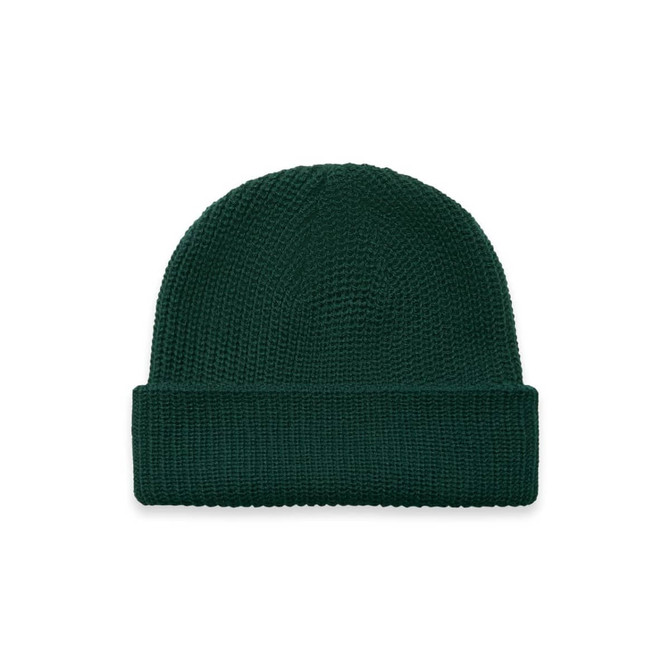A green knit beanie with a rolled cuff and a subtle logo, perfect for headwear.