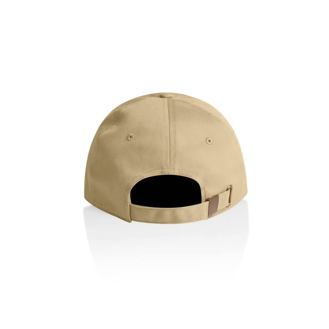 A beige cap featuring a curved back with an adjustable strap and a branding logo.