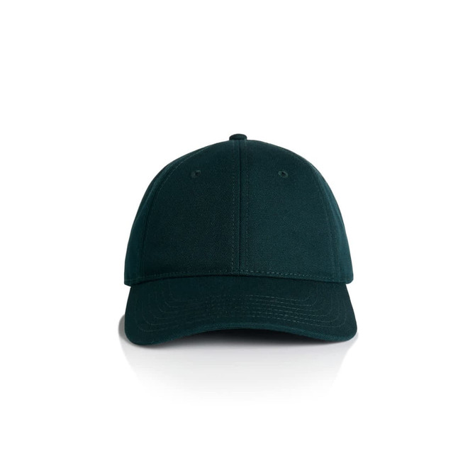 A dark green cap featuring a curved brim and a fitted design, with stitching details and a branding logo.