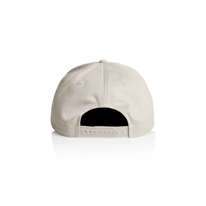 A beige cap with a black interior and an adjustable strap at the back. Features a logo.