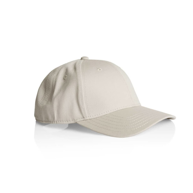 A beige cap with a curved brim, featuring a logo on the front.