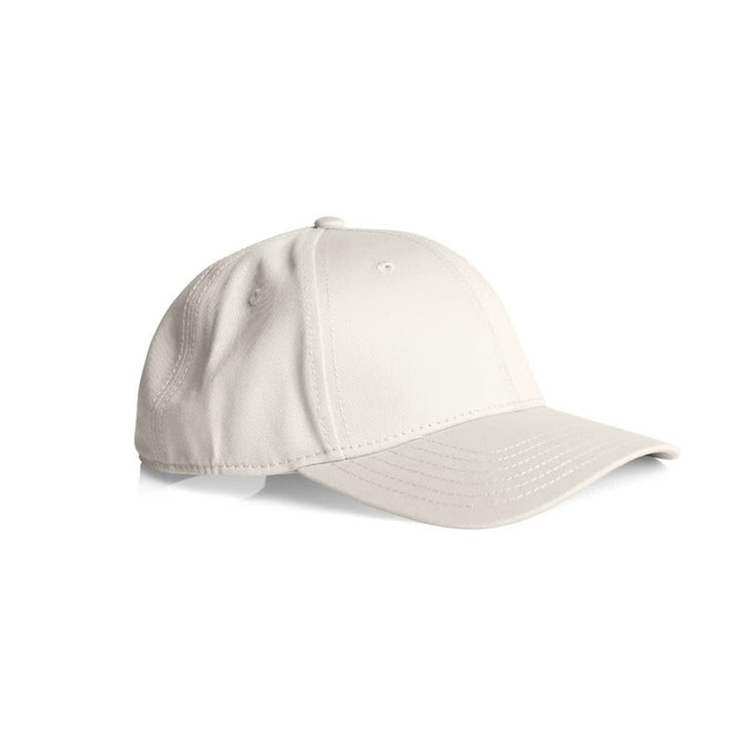 A beige cap featuring a curved brim and a structured design, with a logo on the front.