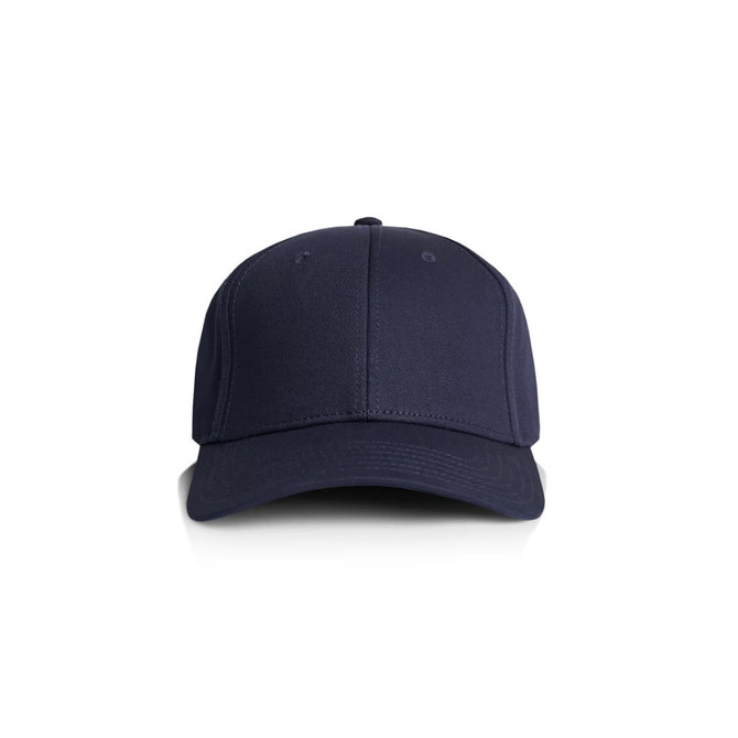 A navy blue cap with a structured design and a front panel featuring a logo.