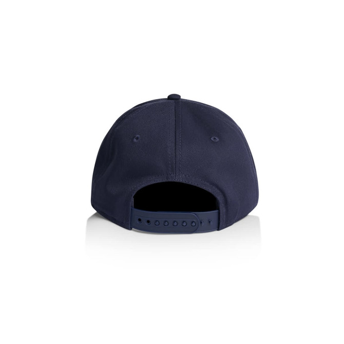 A navy blue cap featuring a structured design and an adjustable strap at the back, with a logo.