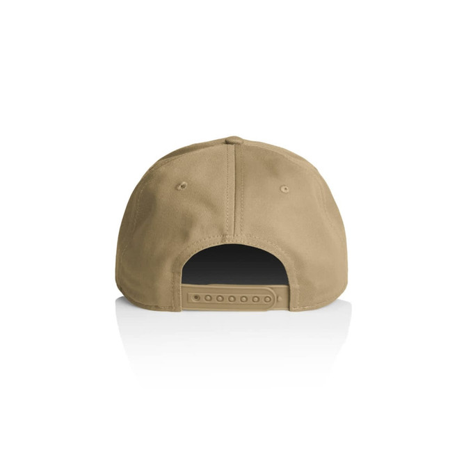 A khaki cap featuring a flat back and an adjustable strap. It has a logo on the back.