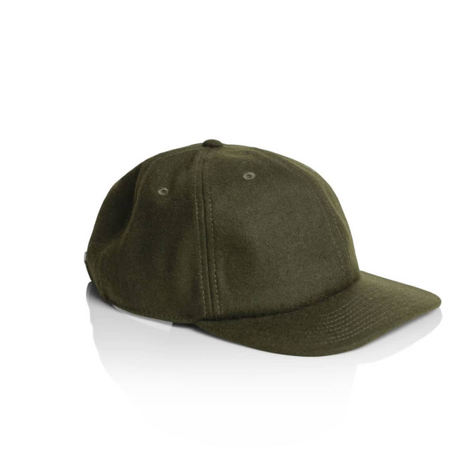 A wool cap in olive green, featuring a structured design and a visible logo on the side.