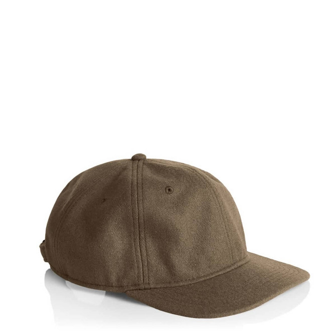 A brown wool cap with a curved brim and ventilation holes, featuring a logo on the side.