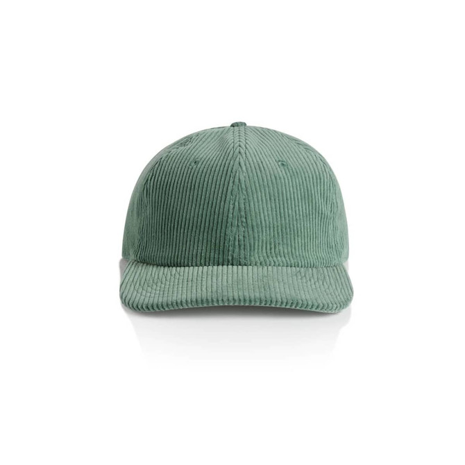 A green corduroy cap with a structured crown and curved brim. Features a branding logo on the side.