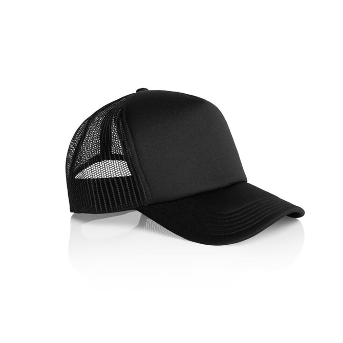 A black trucker cap with a mesh back and a solid front panel, featuring branding on the side.