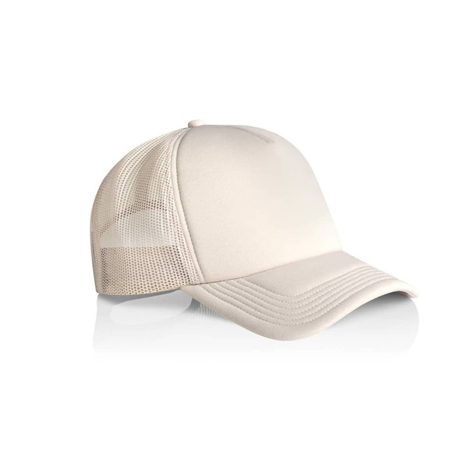 A beige foam trucker cap with a solid front and mesh back, featuring a logo on the front.