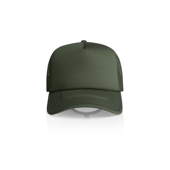 A green Frame Foam Trucker Cap with a plain design and mesh back. Features a logo on the front.