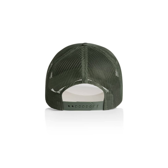 A green foam trucker cap featuring a mesh back and an adjustable strap.