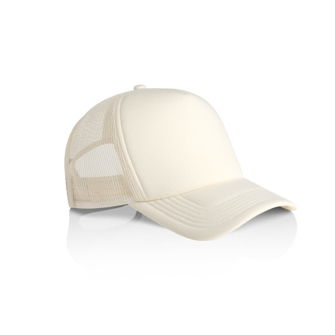 A cream trucker cap with a solid front and mesh back, featuring a logo on the front.