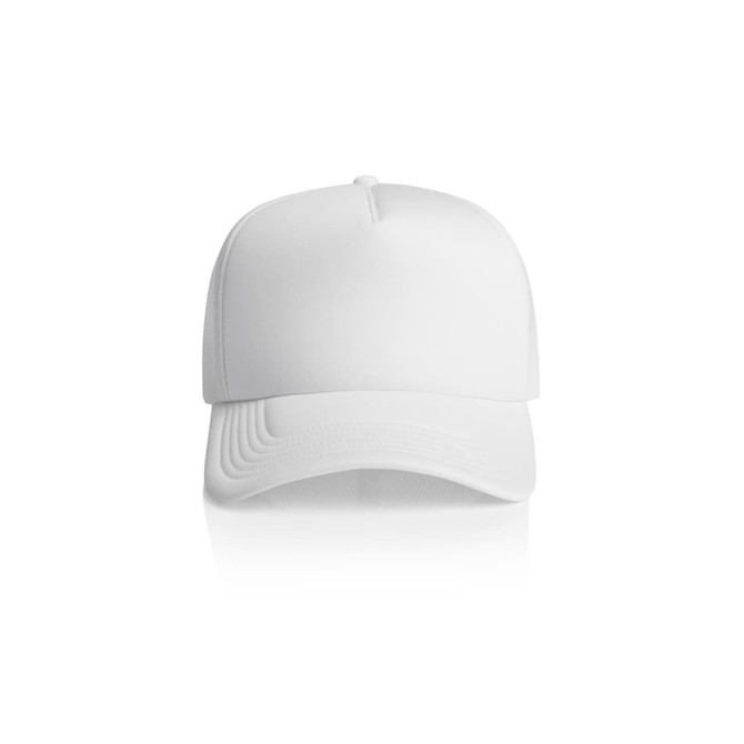A white trucker cap featuring a textured finish and a logo on the front. Ideal for casual wear.