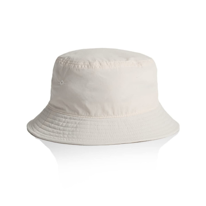 A beige nylon bucket hat with a wide brim and a subtle logo on the side.