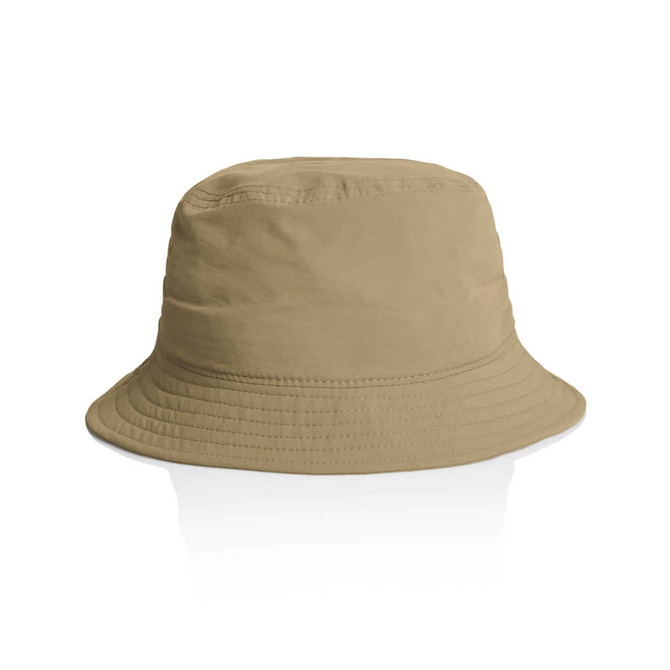 A beige nylon bucket hat with a wide brim and textured surface, featuring a logo.