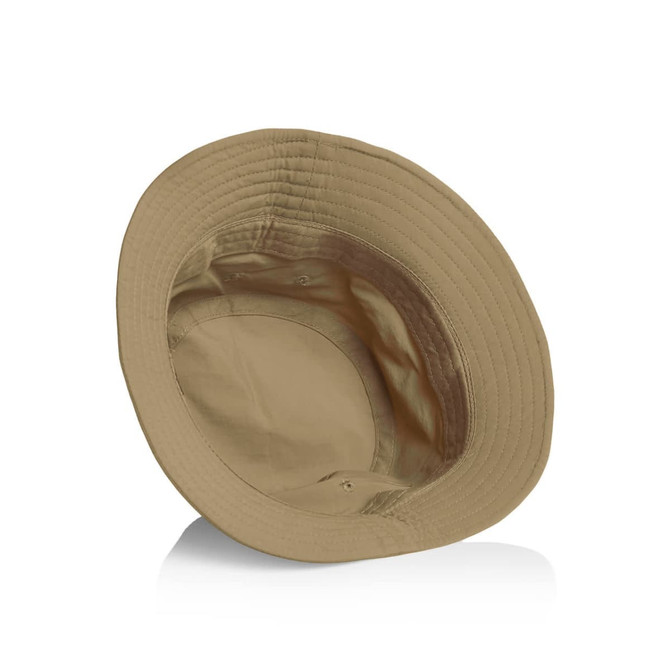 A tan nylon bucket hat with a smooth interior design and a branded logo.