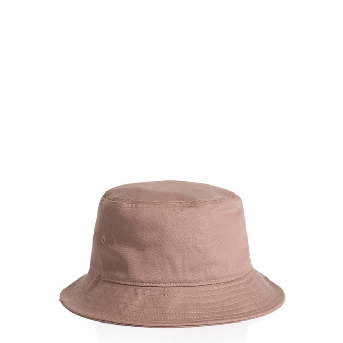 A bucket hat in a soft beige colour with a wide brim and a simple design. It features a logo on the side.