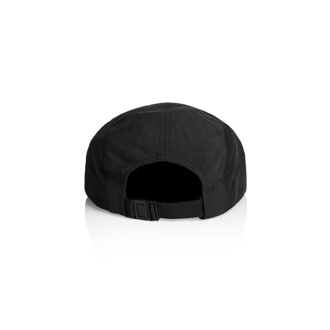 A black cap with a mesh backing and an adjustable strap at the back, featuring a brand logo.