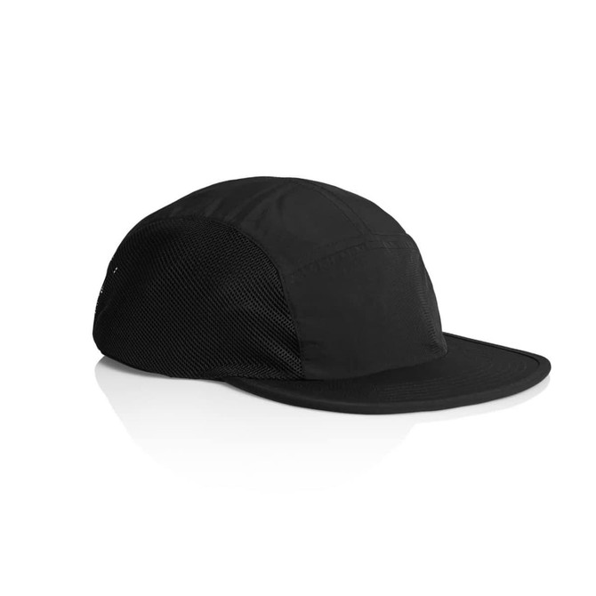 A black cap featuring a mesh side panel and a curved brim, with a logo present on the fabric.