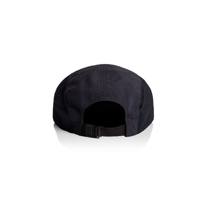 A black cap with mesh sides and an adjustable strap at the back, featuring a logo.