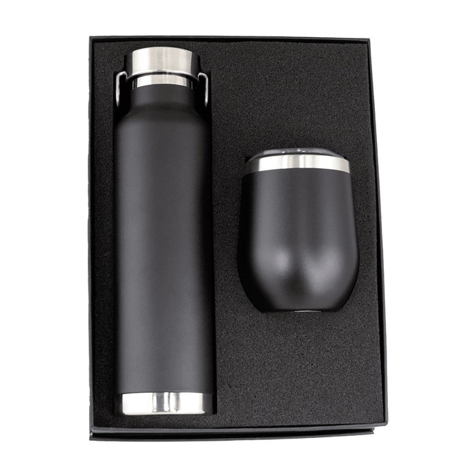A drink bottle and matching tumbler in black, presented in a gift box with a textured interior.