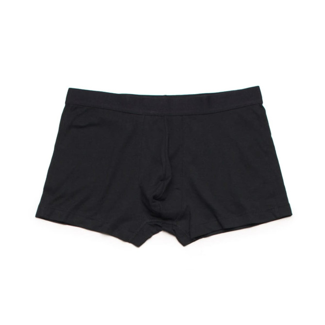 Black boxer briefs with a seamless design and an elastic waistband, featuring a logo on the waistband.
