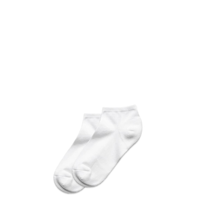Ankle socks in white, featuring two pairs in a simple design. Includes a logo on one sock.