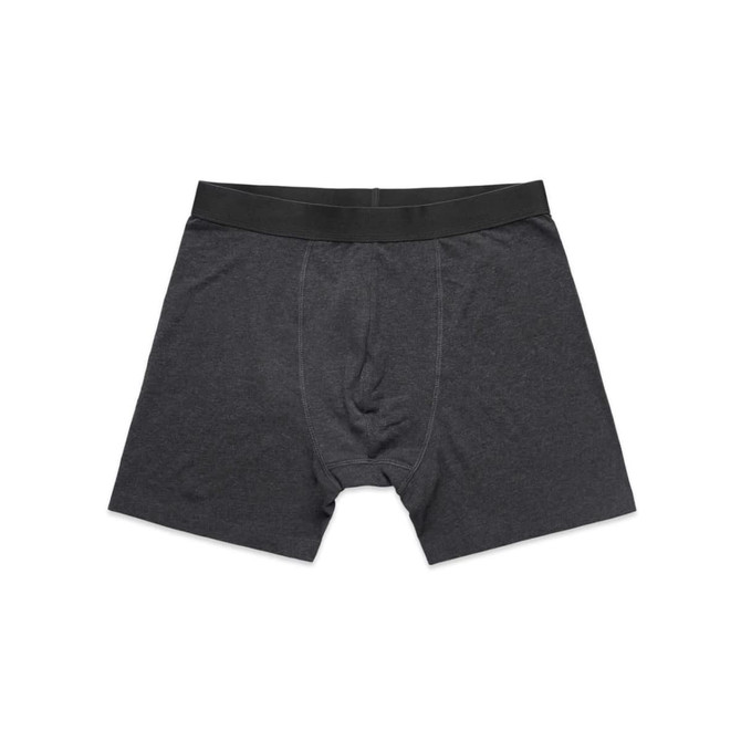 A pair of grey trunks with a black waistband. The fabric appears soft and stretchy.
