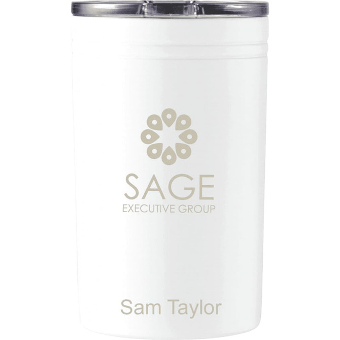 A white drink bottle with a silver lid and a logo, featuring sleek design.