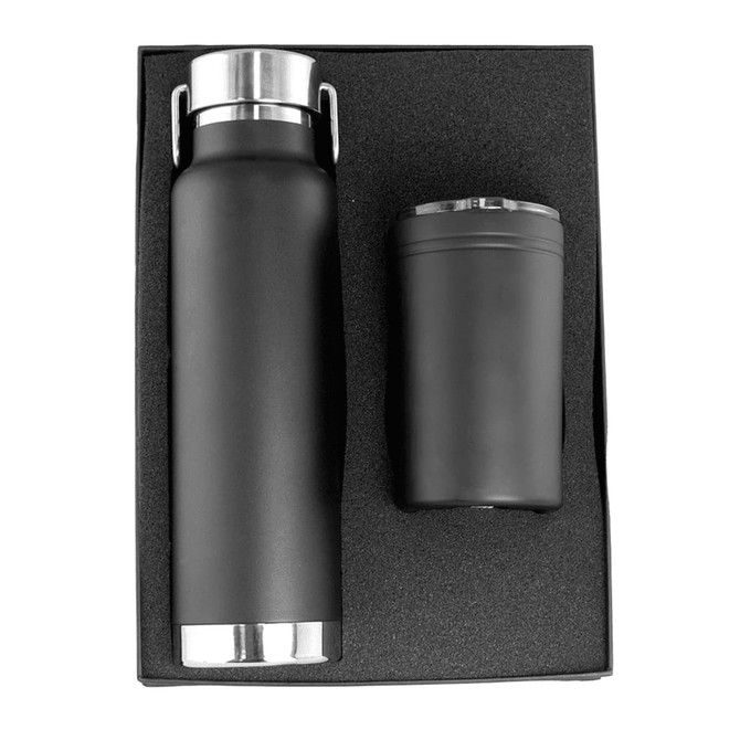 A drink bottle and tumbler set in black, presented in a black foam-lined gift box. The bottle features a stainless steel base.