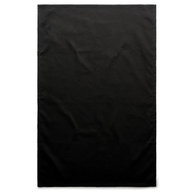 A black tea towel with a plain design, featuring a logo in one corner.