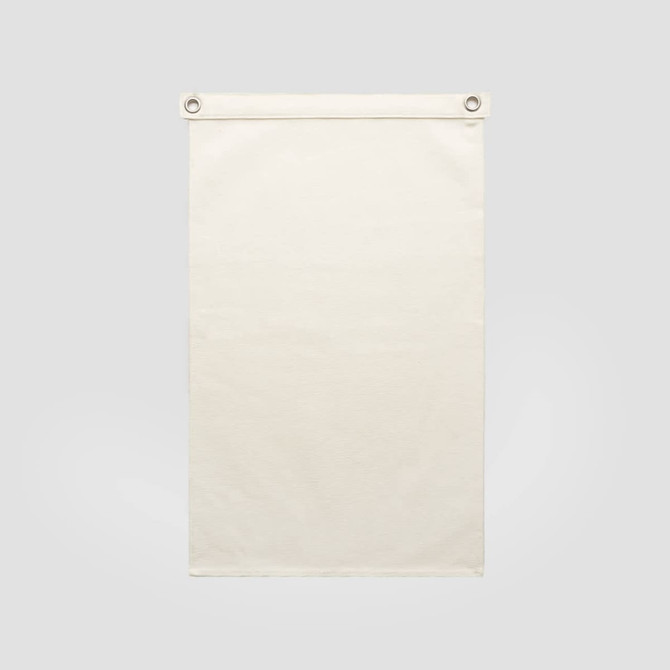 A cream-coloured canvas flag with metal eyelets for hanging. Features a plain design without any text or images.