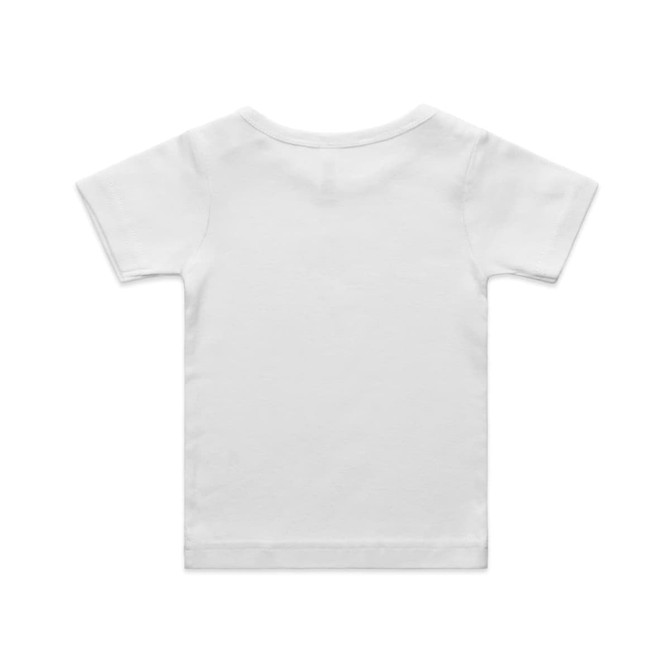 A white infant T-shirt with short sleeves and a plain back, featuring a logo.