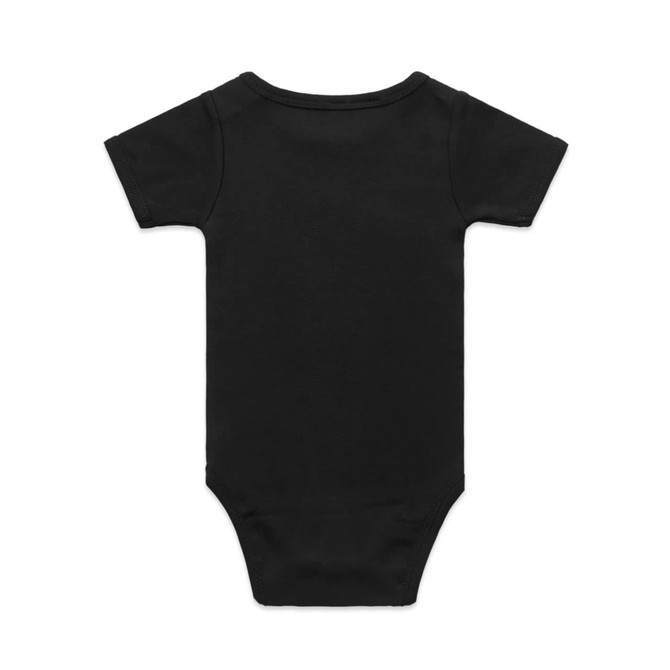 A black organic infant one-piece with short sleeves and a snug fit, featuring a plain back design.
