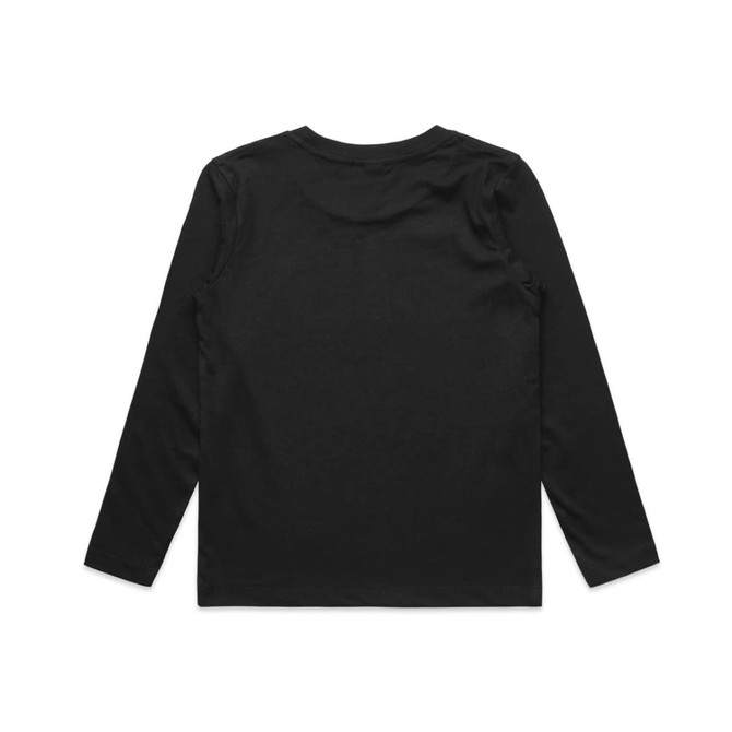A black long-sleeve t-shirt for kids, featuring a plain design and a logo on the back.
