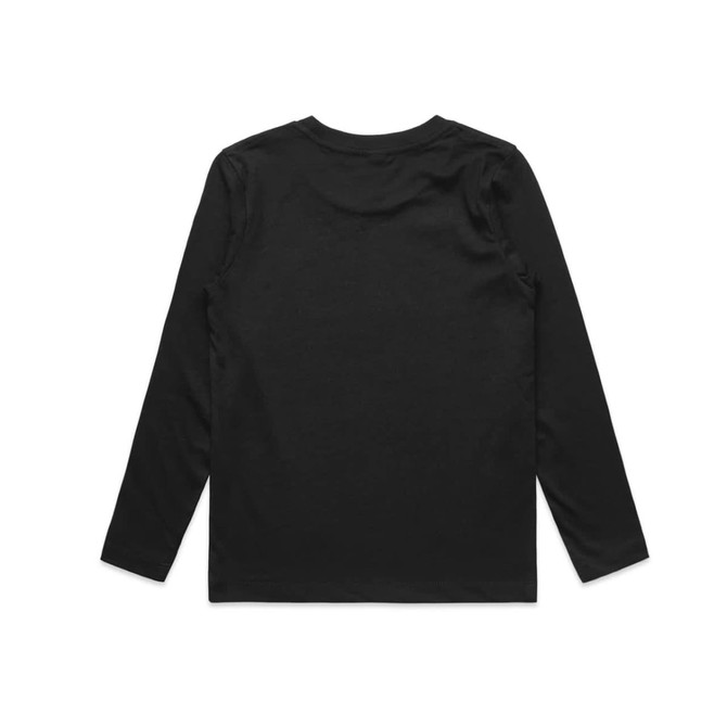 A long-sleeve black t-shirt with a simple design and a branded logo on the back.