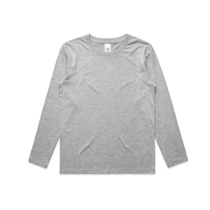 A light grey long-sleeve t-shirt featuring a round neckline and a logo.