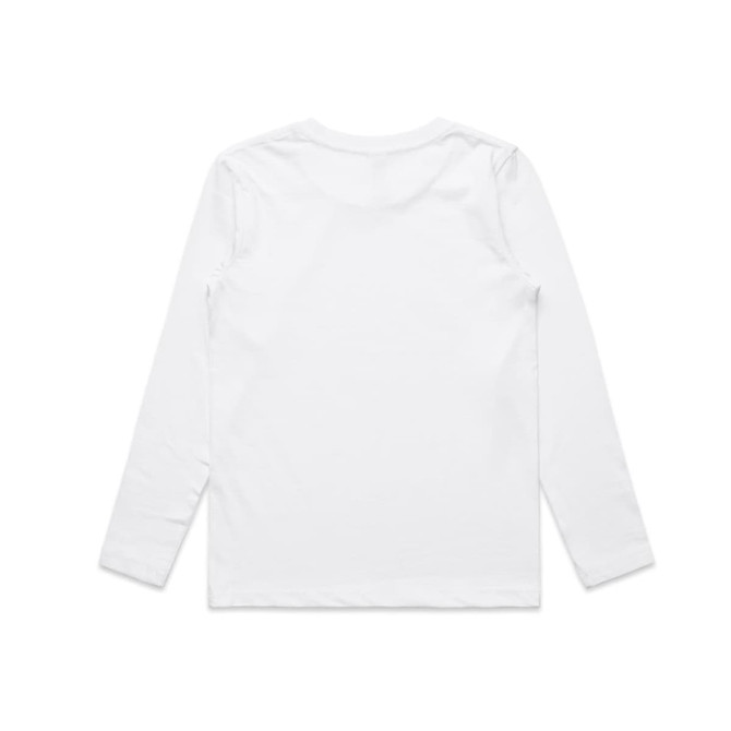 A white long-sleeve T-shirt with a simple design and a label on the back.