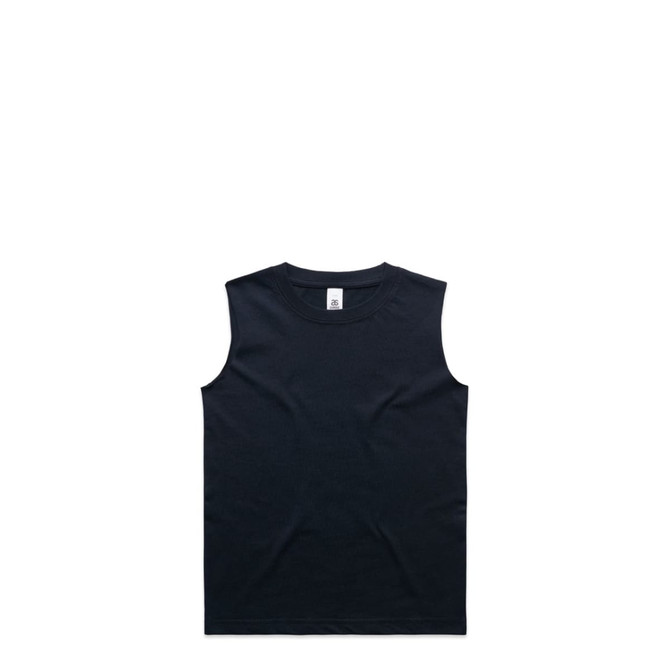 A black sleeveless tank top with a round neckline, featuring a small logo.