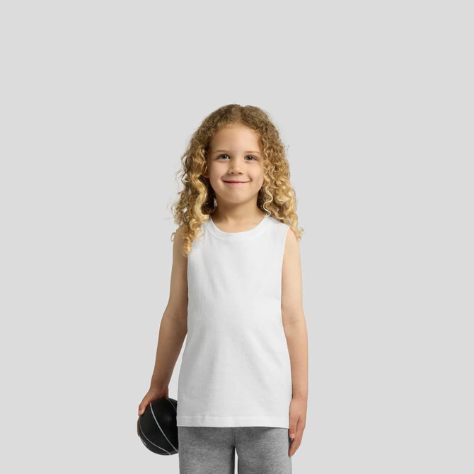 A young child with curly hair wearing a white tank top, holding a black basketball, and smiling.