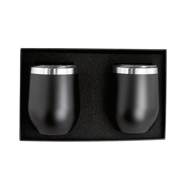 A gift set of two black insulated coffee mugs with silver accents, presented in a black box.