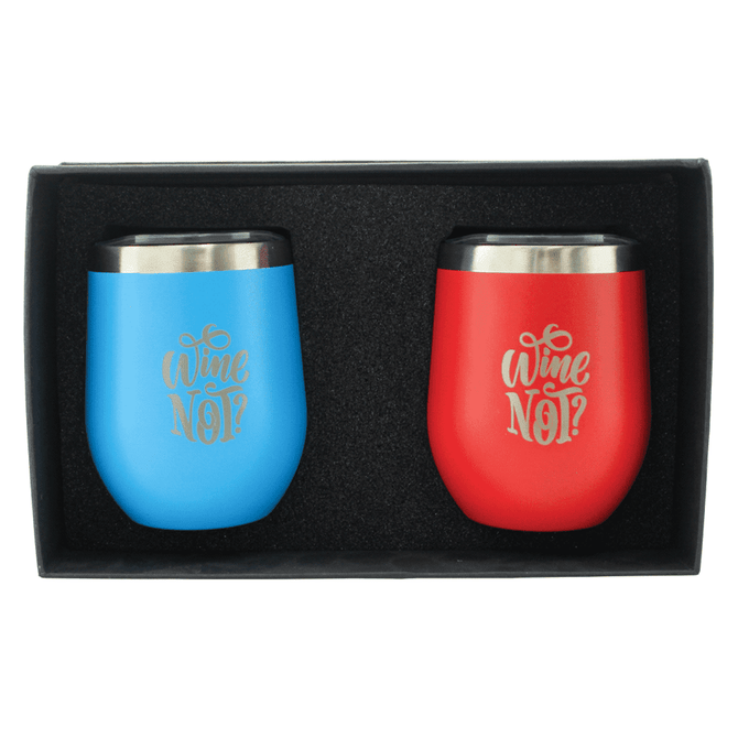 A drinkware gift set featuring two insulated cups, one blue and one red, in a black presentation box.