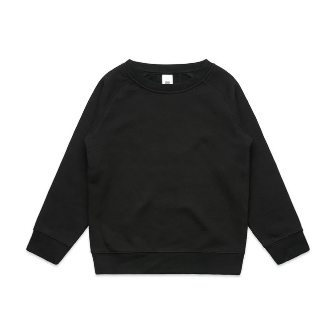 A black jumper featuring long sleeves and a crew neckline, designed for kids with a logo on the inside.