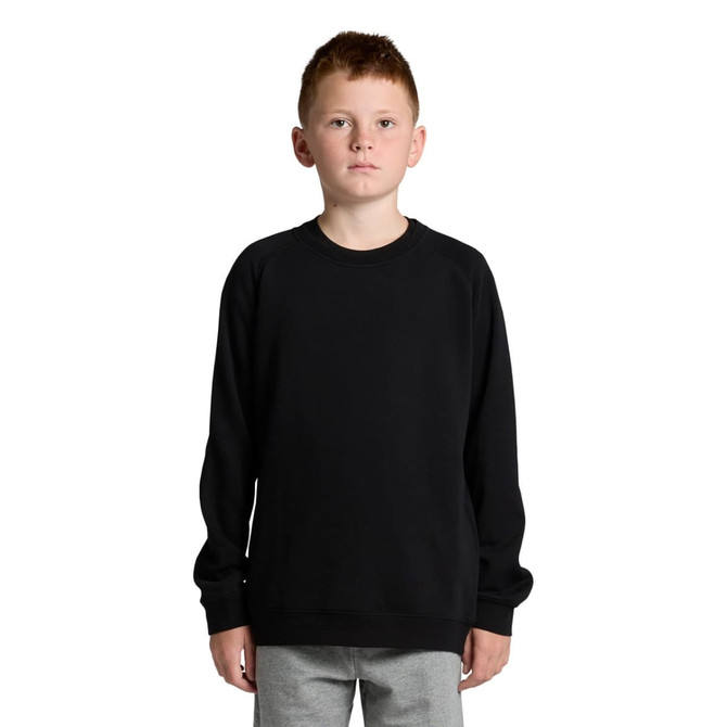 A black crew sweatshirt for youth, featuring a simple design and long sleeves, with a logo on the front.