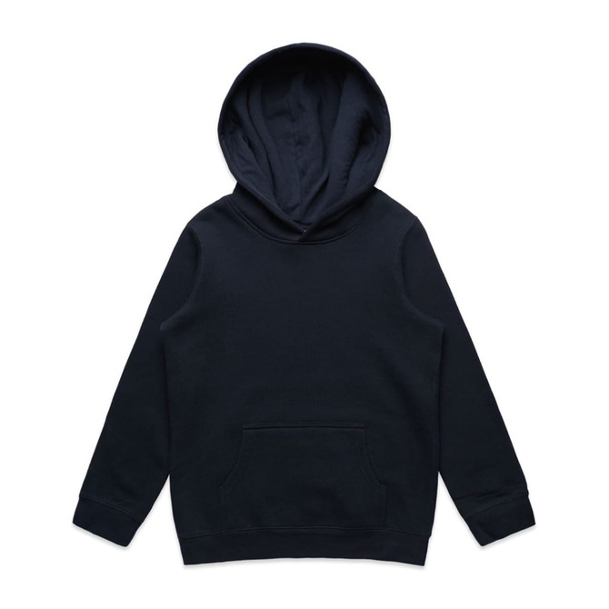 A dark navy hoodie with a large hood and a front pocket, featuring a logo.