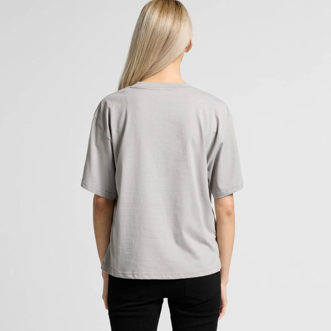 A light grey t-shirt with short sleeves, featuring a branding logo on the back.