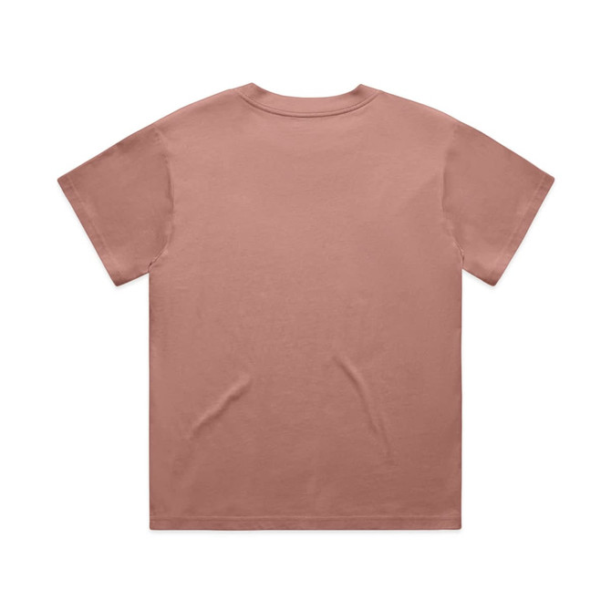 A plain, short-sleeved T-shirt in a muted terracotta colour, featuring a simple design and a branding logo.