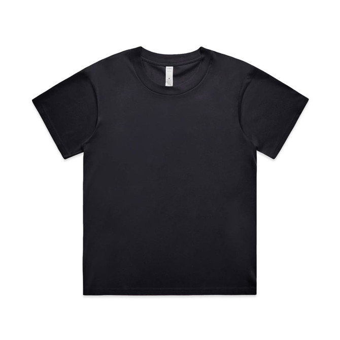 A black t-shirt with a round neck and short sleeves, featuring a logo on the label.