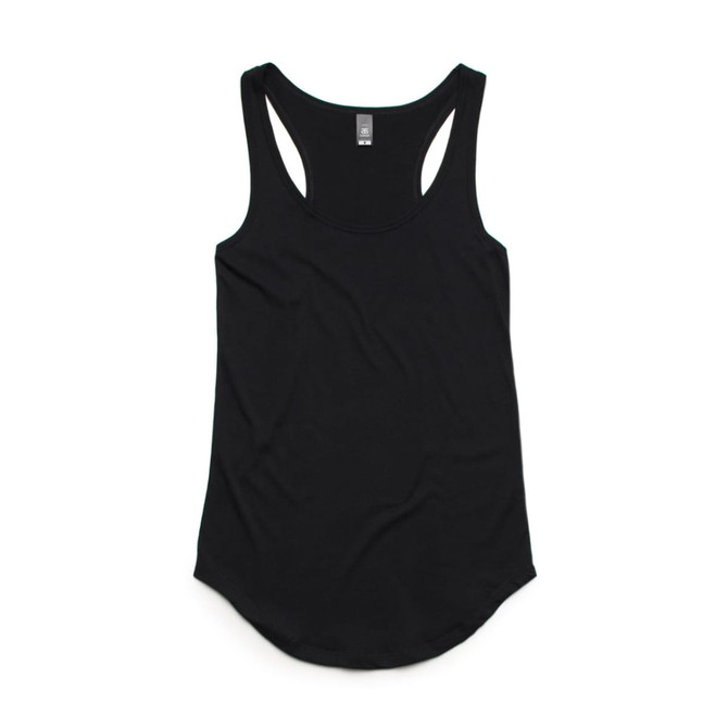 A black racerback tank top featuring a curved hem and logo branding.
